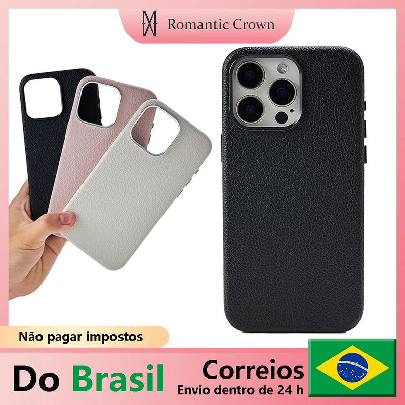 Romantic Crown Caixa do iPhone, Material de Couro Genuinho, Acessórios for iPhone 16,15, 14, 13, Pro Max