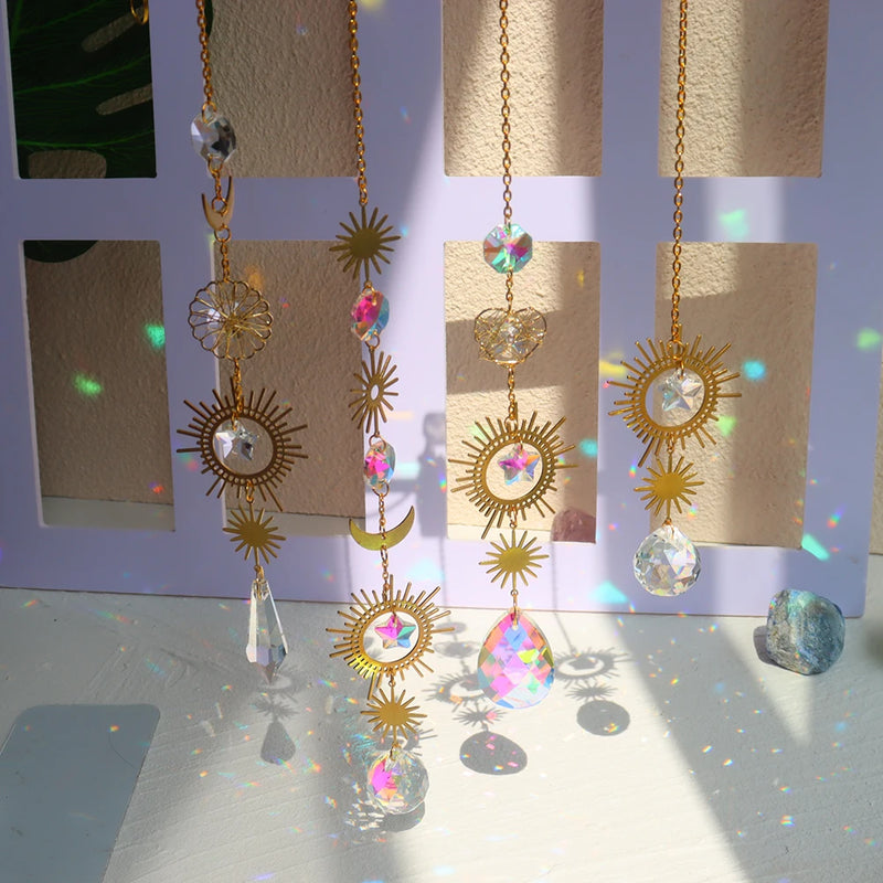 Crystal Wind Chime Sun Light Catcher Pendant Diamond Prisms Sun Moon Ornaments Window Hanging Windchime Home Garden Decor