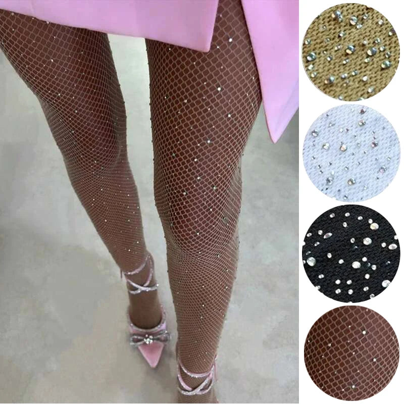 Meia-calça de rede com diamantes para mulheres, meias-calças de rede brilhantes e sensuais, meias-calças femininas finas de malha de strass de nylon