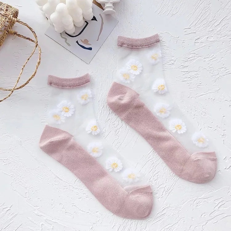 Women socks spring summer korean Japanese style daisy transparent Kawaii Cute Happy Harajuku Colourful tulle socks