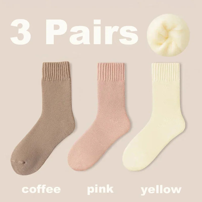 3 Pairs Women Socks Wool Autumn Winter Warm Snow Markron Color Thick Plush Hairy Soft Postpartum Stockings Floor Sleep Socks