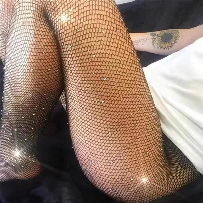 Meia-calça de rede com diamantes para mulheres, meias-calças de rede brilhantes e sensuais, meias-calças femininas finas de malha de strass de nylon