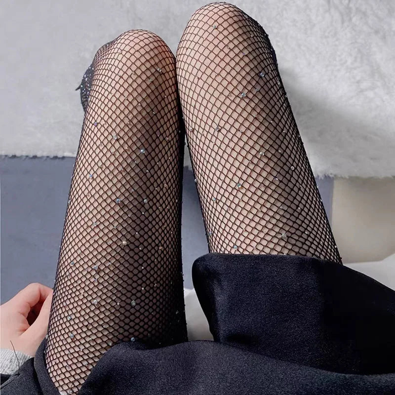 Meia-calça de rede com diamantes para mulheres, meias-calças de rede brilhantes e sensuais, meias-calças femininas finas de malha de strass de nylon