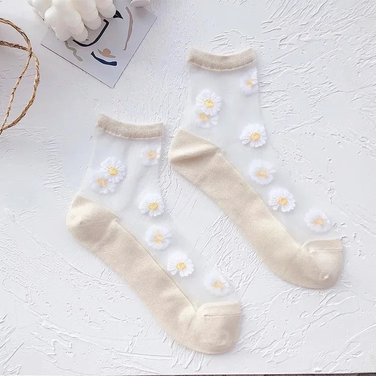 Women socks spring summer korean Japanese style daisy transparent Kawaii Cute Happy Harajuku Colourful tulle socks