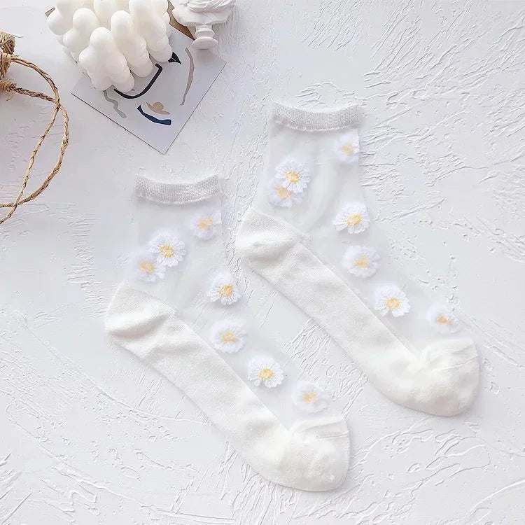 Women socks spring summer korean Japanese style daisy transparent Kawaii Cute Happy Harajuku Colourful tulle socks