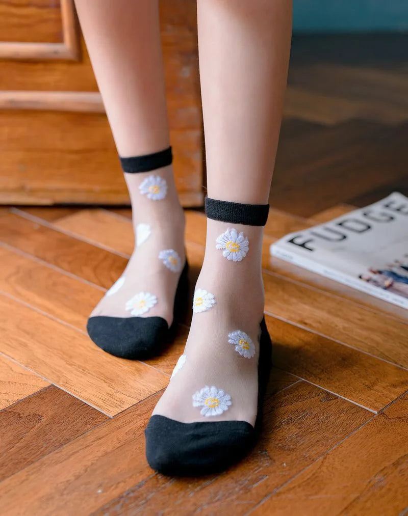 Women socks spring summer korean Japanese style daisy transparent Kawaii Cute Happy Harajuku Colourful tulle socks